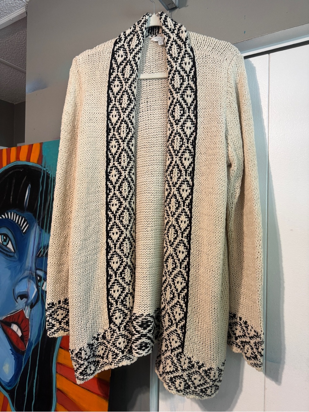 Lucky Brand Cream Black  Border Open Front Chunky Knit Cardigan Sweater XL